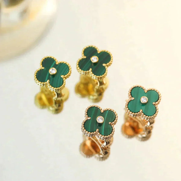 ˇMagic JewelryˇCLOVER MEDIUM 1 MOTIFS MALACHITE DIAMOND EARRINGS