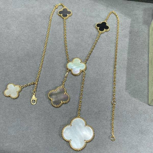 ˇMagic JewelryˇCLOVER 6 MOTIF MOP ONYX GOLD NECKLACE
