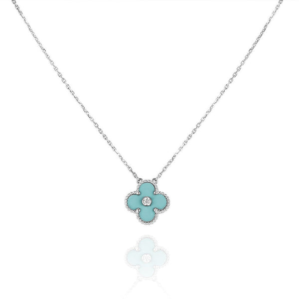 ˇMagic JewelryˇCLOVER 1 DIAMOND LIGHT BLUE SILVER NECKLACE